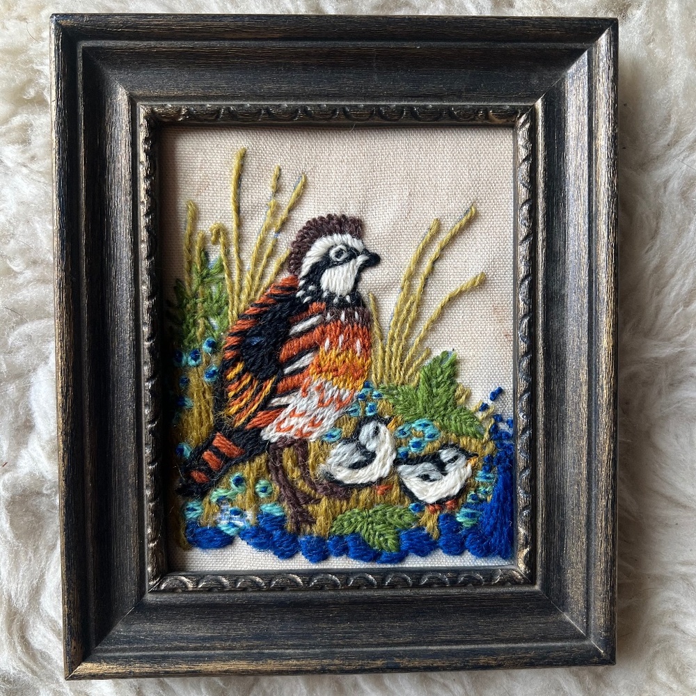 Vintage 1970s Embroidered Framed Art Picture Mother Partridge and Cheepers Bird